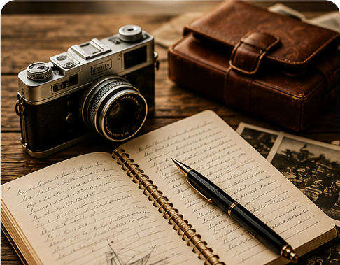 Informationen zum Verkaufsobjekt sammeln Kamera, Notizbuch und Ledertasche als Symbol für Informationen, Fotos und die Geschichte eines Verkaufsobjekts.