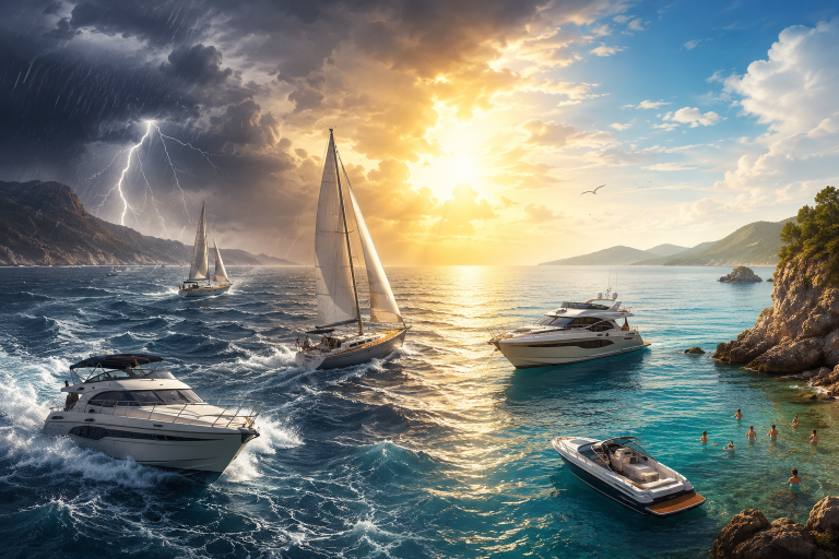 Boote & Yachten – Verkaufstexte mit Geschichte Yachten auf dem Meer bei Sonnenlicht als Symbol für emotionale Verkaufstexte für Boote und Yachten.