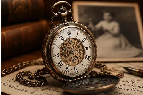 Alte Taschenuhr vor historischem Foto – Symbol für die Geschichte hinter einem Verkaufsobjekt.
