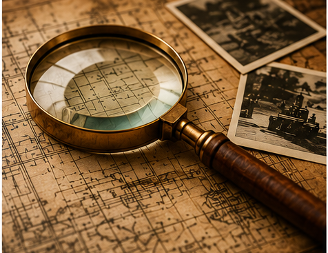 Die Geschichte hinter dem Objekt finden Lupe auf alten Karten und Unterlagen als Symbol für Recherche und die Suche nach der besonderen Geschichte eines Gegenstands.