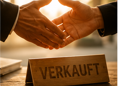 Erfolgreich verkauft Handschlag zwischen Käufer und Verkäufer neben einem Schild mit der Aufschrift „Verkauft“.
