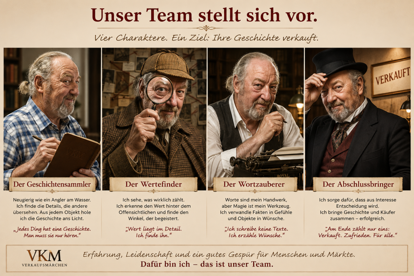Unser Team stellt sich vor – Verkaufsmärchen Vier Rollen hinter Verkaufsmärchen: Geschichtensammler, Wertefinder, Wortzauberer und Abschlussbringer.